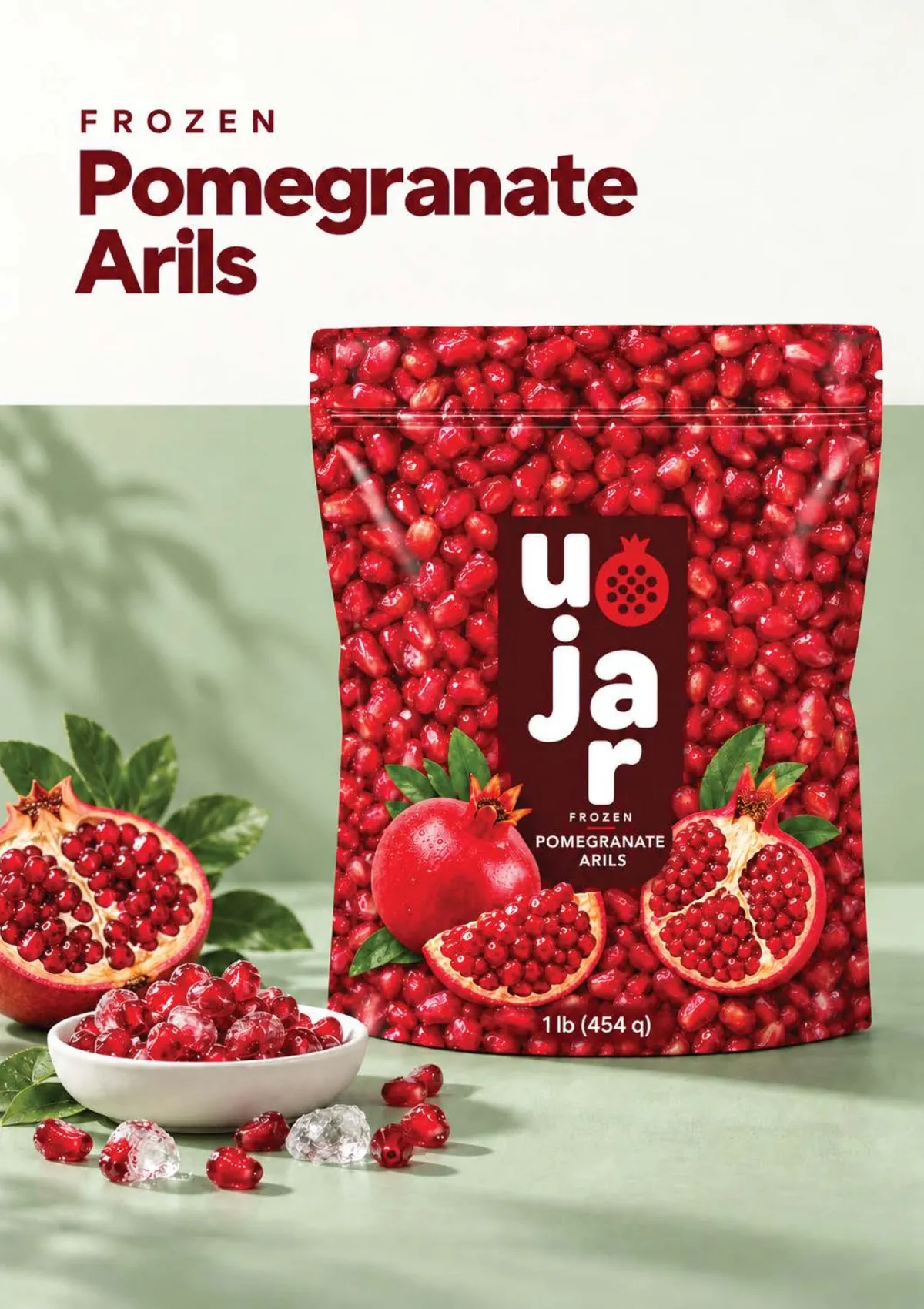 Ujar frozen pomegranate arils in a 1 lb pouch