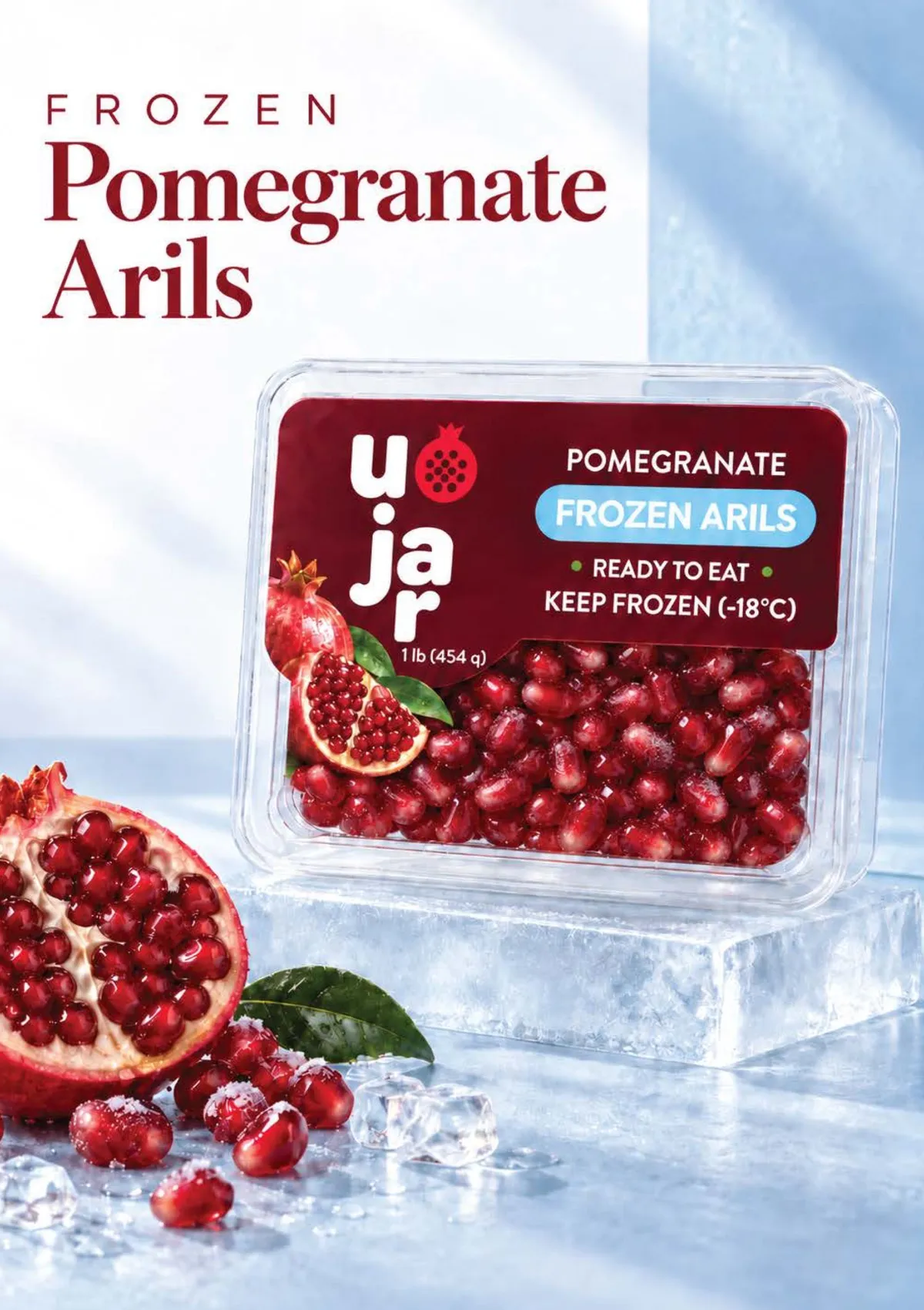 Ujar frozen pomegranate arils in a 1 lb tray