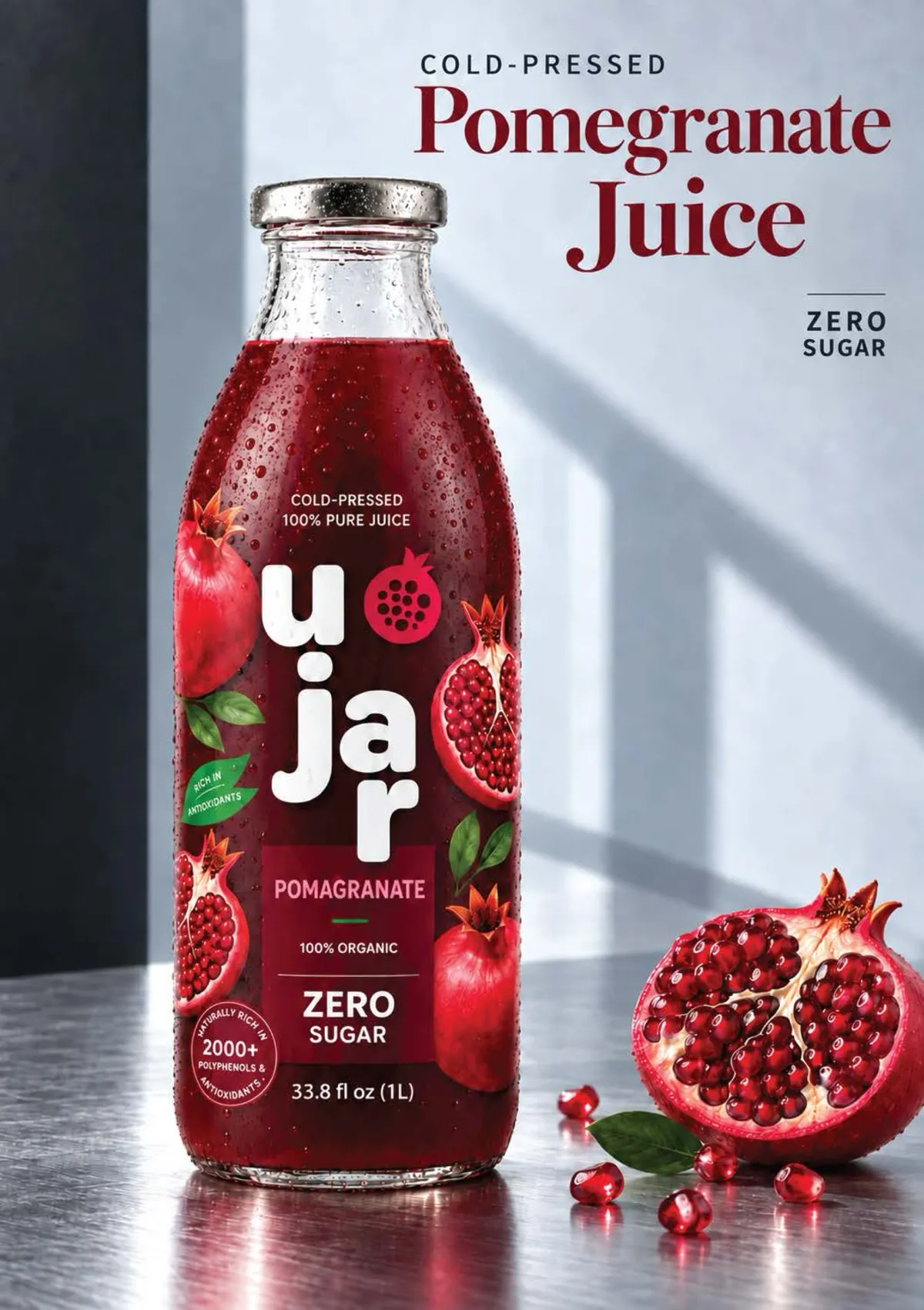 Ujar cold-pressed pomegranate juice in a 1 litre glass bottle